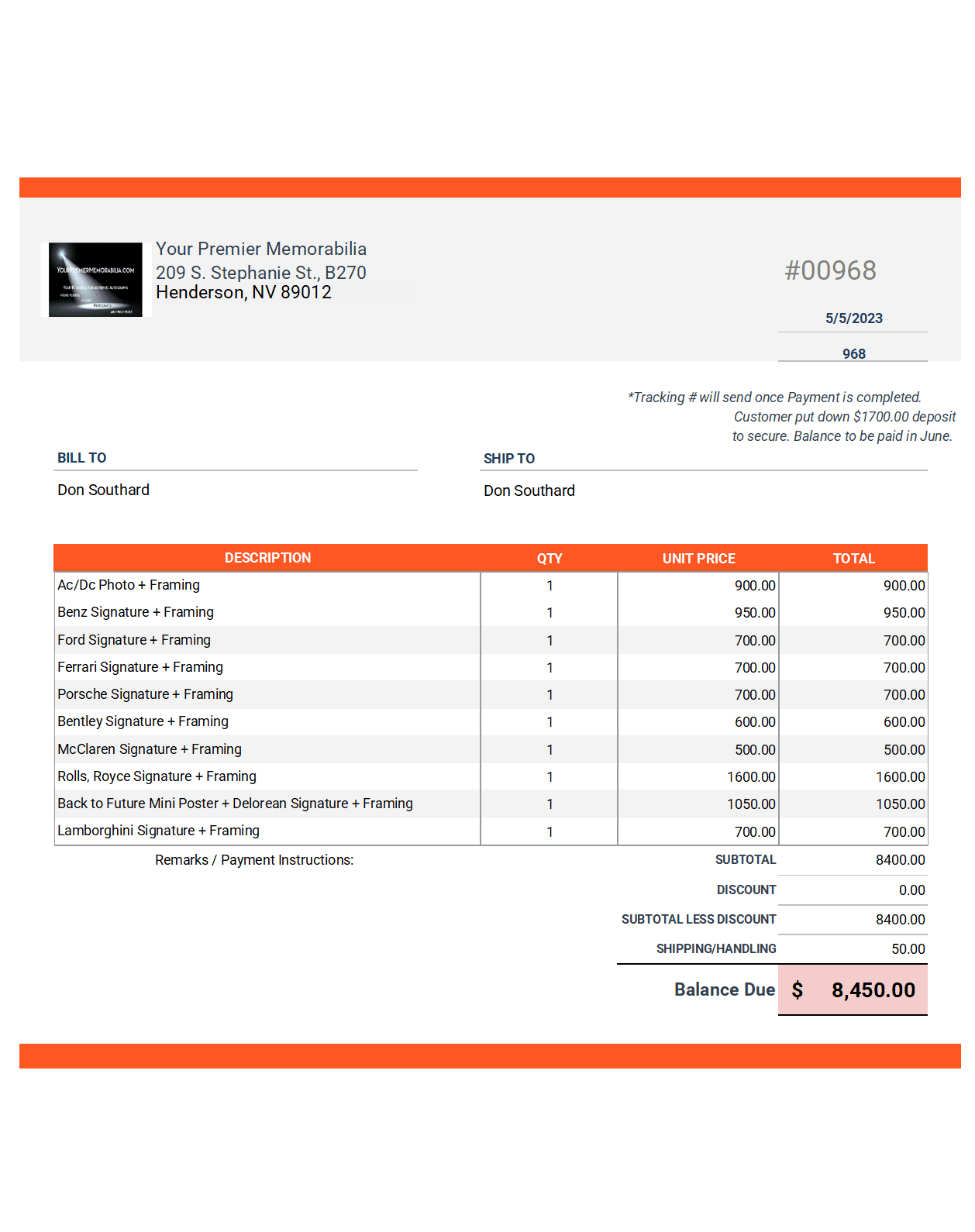 Don Southard invoice